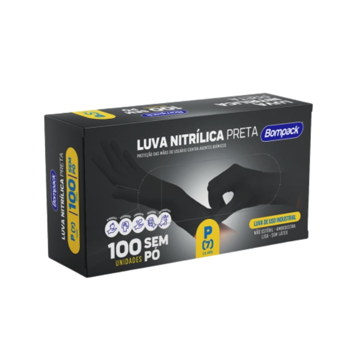 LUVAS NITRIL S/PO BOMPACK PRETA(P) C /100 LIMPEZA E HIGIENE