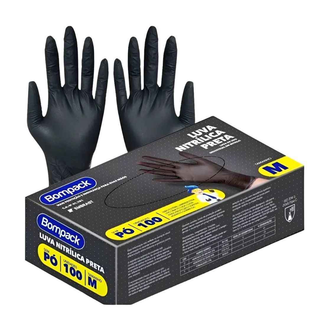 LUVAS NITRIL S/PO BOMPACK PRETA(M) C /100 LIMPEZA E HIGIENE