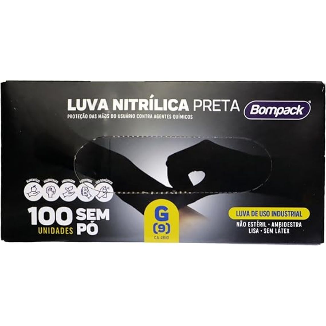 LUVAS NITRIL S/PO BOMPACK PRETA(G) C /100 LIMPEZA E HIGIENE